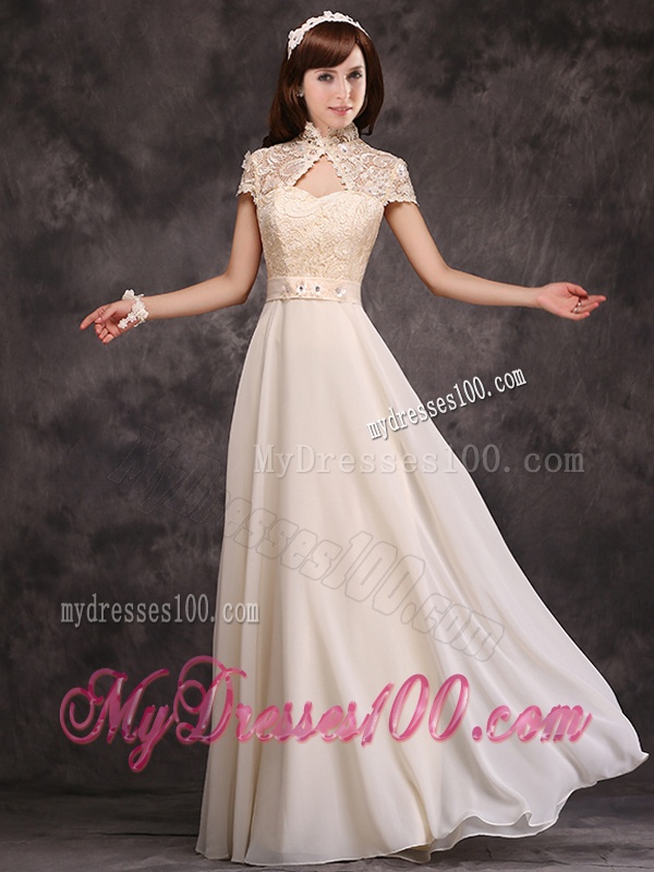 Hot Sale High Neck Champagne Bridesmaid Dress with Appliques and Lace