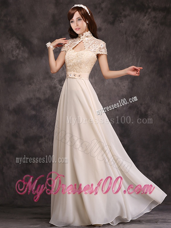 Hot Sale High Neck Champagne Bridesmaid Dress with Appliques and Lace