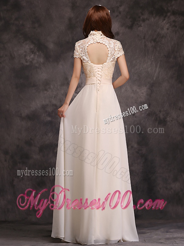 Hot Sale High Neck Champagne Bridesmaid Dress with Appliques and Lace