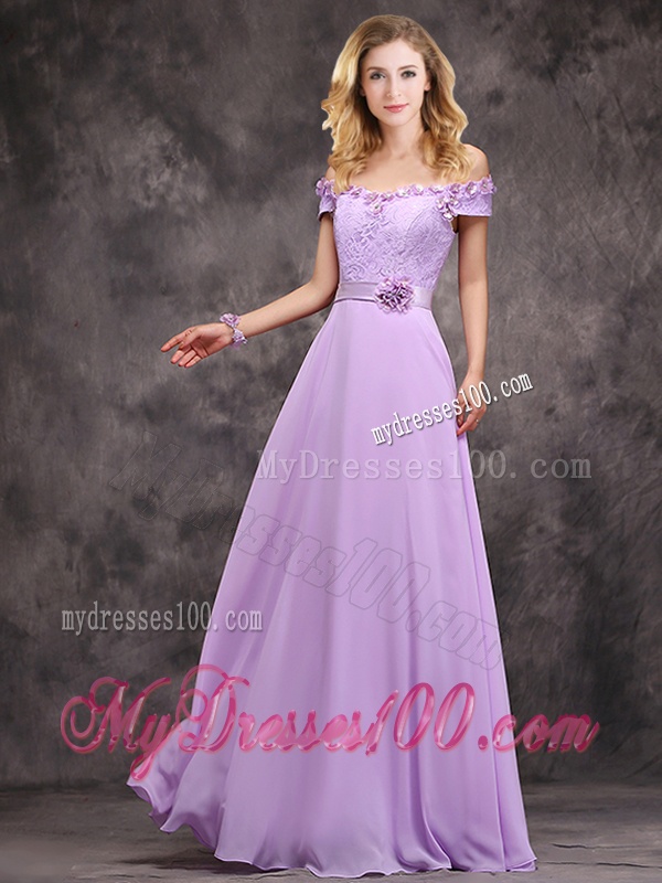 Latest Off The Shoulder Long Bridesmaid Dress with Hand Made Flowers