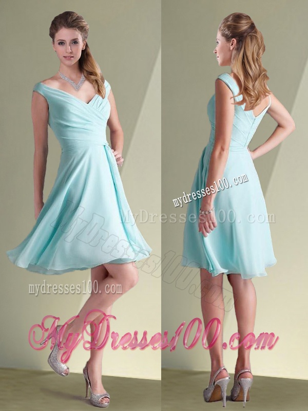 Lovely Chiffon Off the Shoulder Aqua Blue Bridesmaid Dress with Ruching