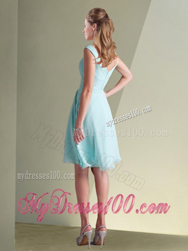 Lovely Chiffon Off the Shoulder Aqua Blue Bridesmaid Dress with Ruching