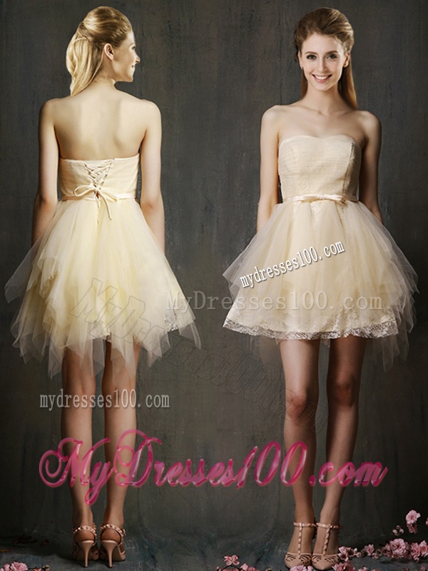 Lovely Sweetheart Short Champagne Bridesmaid Dress with Belt and Ruffles
