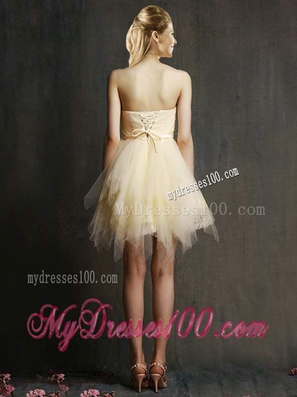 Lovely Sweetheart Short Champagne Bridesmaid Dress with Belt and Ruffles