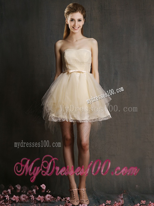 Lovely Sweetheart Short Champagne Bridesmaid Dress with Belt and Ruffles