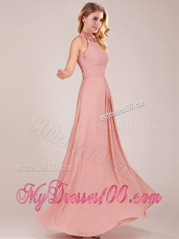 Low Price Halter Top Peach Long Bridesmaid Dress in Chiffon