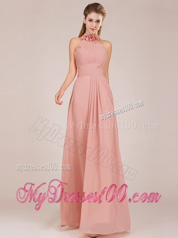 Low Price Halter Top Peach Long Bridesmaid Dress in Chiffon
