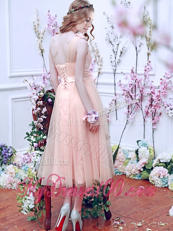 Luxurious One Shoulder Bridesmaid Dress with Bowknot and Hand Made Flowers