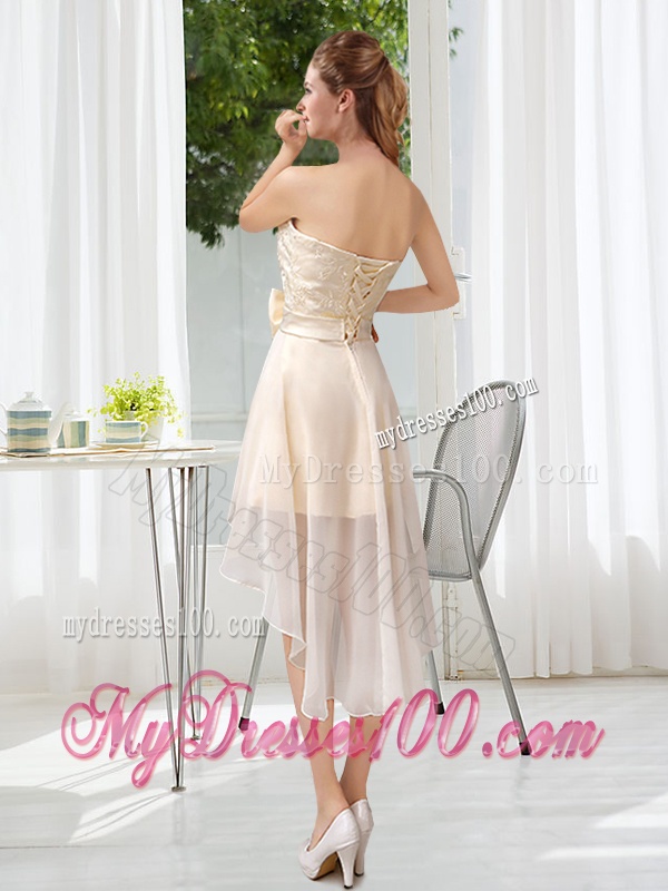 Luxurious Strapless A Line Bridesmaid Dress with Belt and Lace