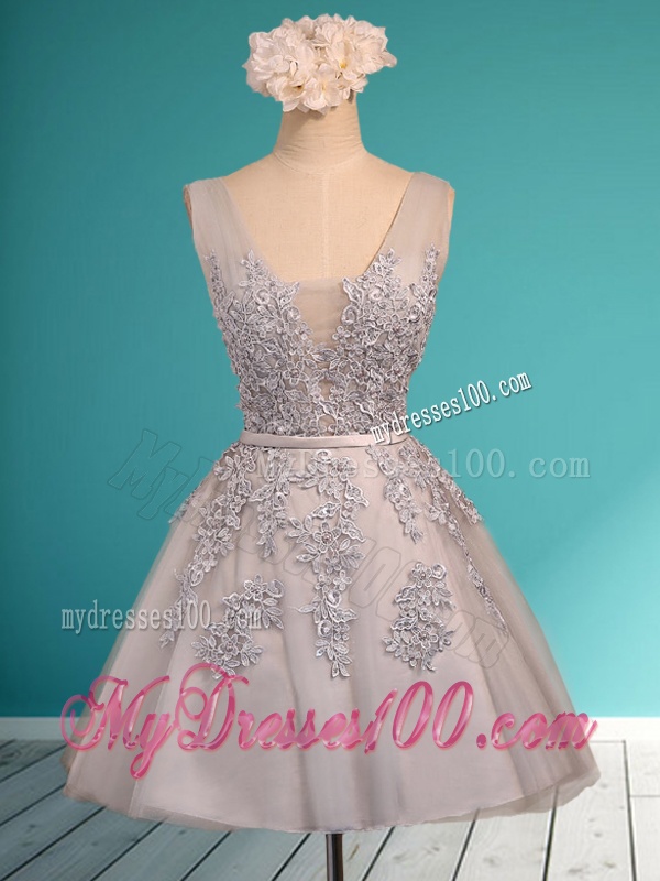 Modest Deep V Neckline Grey Bridesmaid Dress with Appliques and Belt