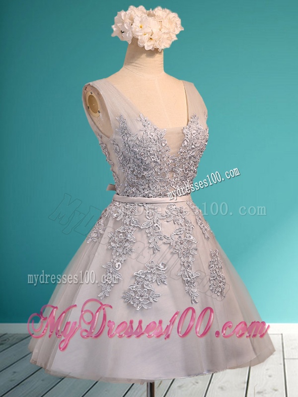 Modest Deep V Neckline Grey Bridesmaid Dress with Appliques and Belt