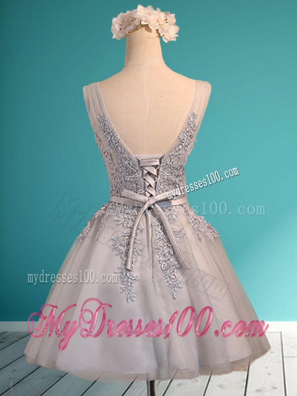 Modest Deep V Neckline Grey Bridesmaid Dress with Appliques and Belt