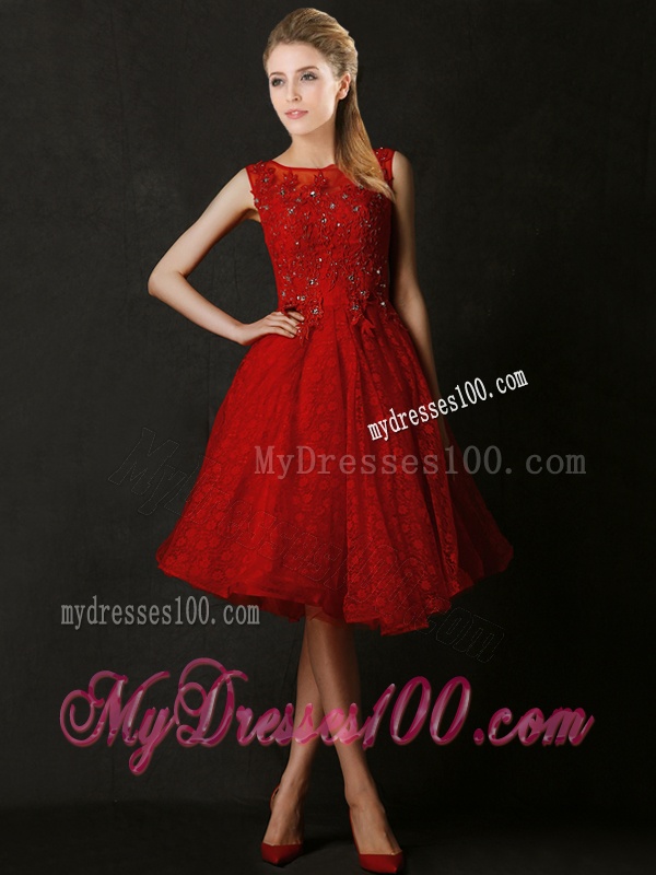 Modest Knee Length Red Bridesmaid Dress with Beading and Appliques