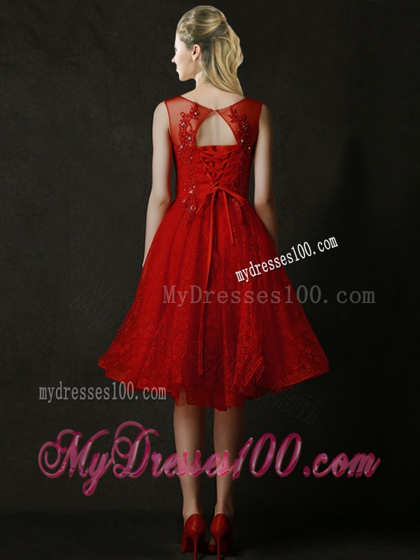 Modest Knee Length Red Bridesmaid Dress with Beading and Appliques