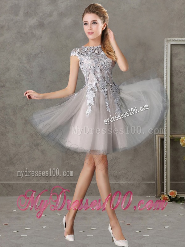 Most Popular Bateau Cap Sleeves Grey Bridesmaid Dress with Lace