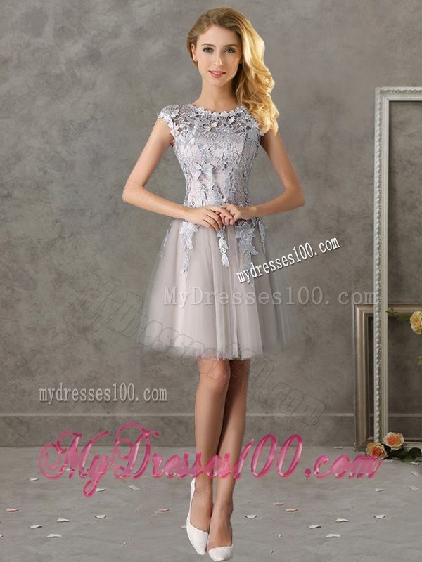 Most Popular Bateau Cap Sleeves Grey Bridesmaid Dress with Lace