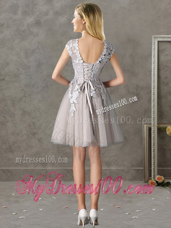Most Popular Bateau Cap Sleeves Grey Bridesmaid Dress with Lace