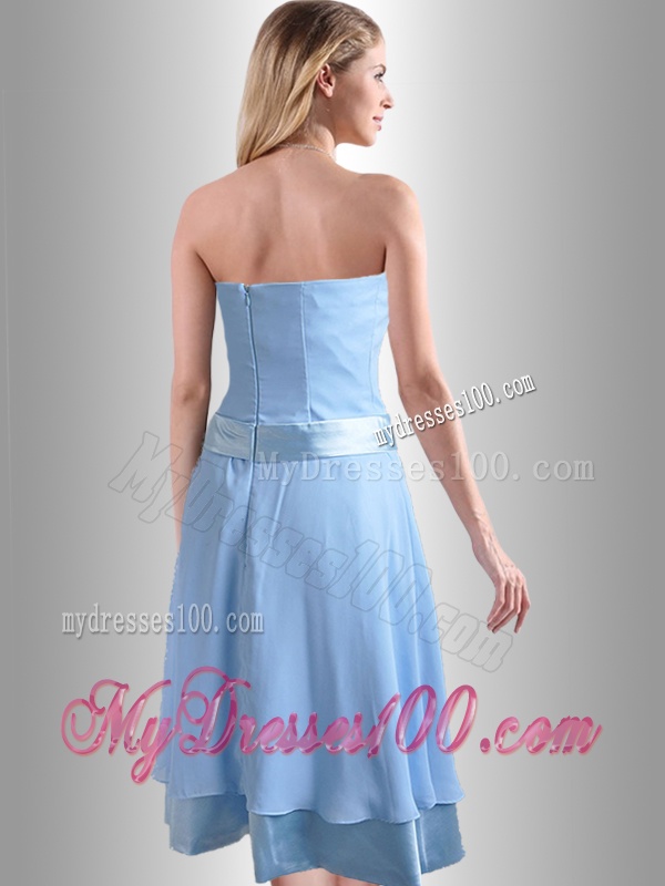 New Style Bowknot Chiffon Short Bridesmaid Dress in Light Blue