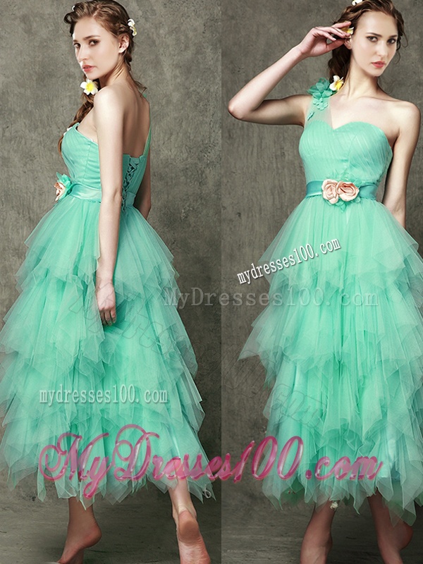 Popular One Shoulder Bridesmaid Dress with Ruffled Layers and Hand Made Flowers