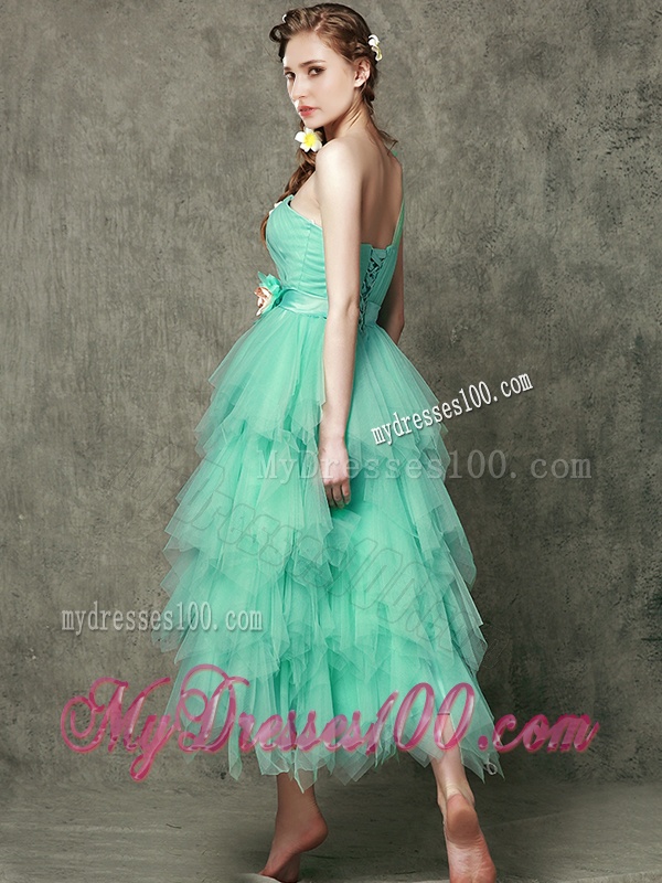 Popular One Shoulder Bridesmaid Dress with Ruffled Layers and Hand Made Flowers