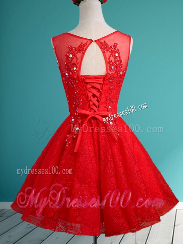 Popular Scoop Red Short Bridesmaid Dress with Beading and Appliques
