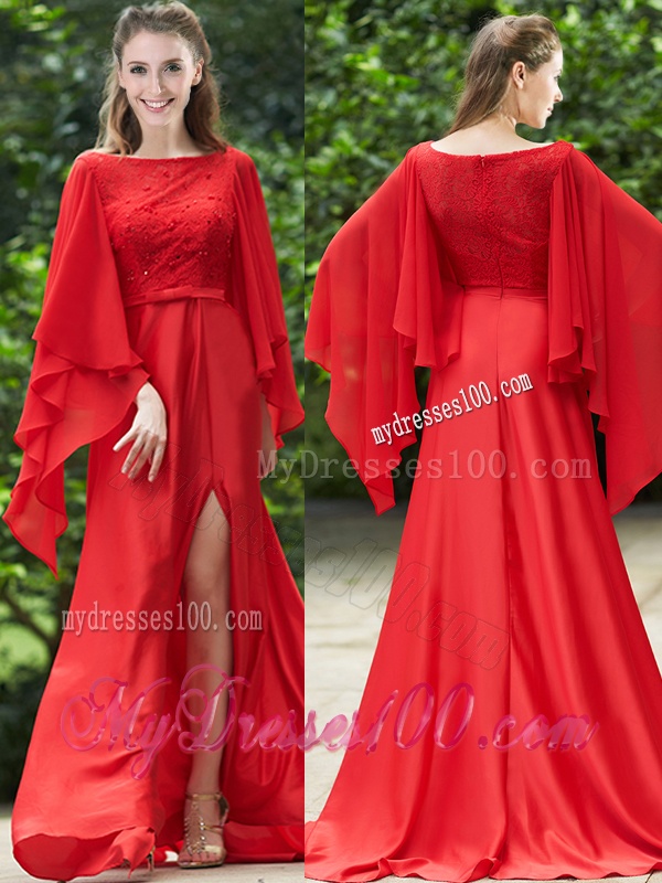 Pretty Bateau Long Sleeves Red Bridesmaid Dress with Beading and High Slit
