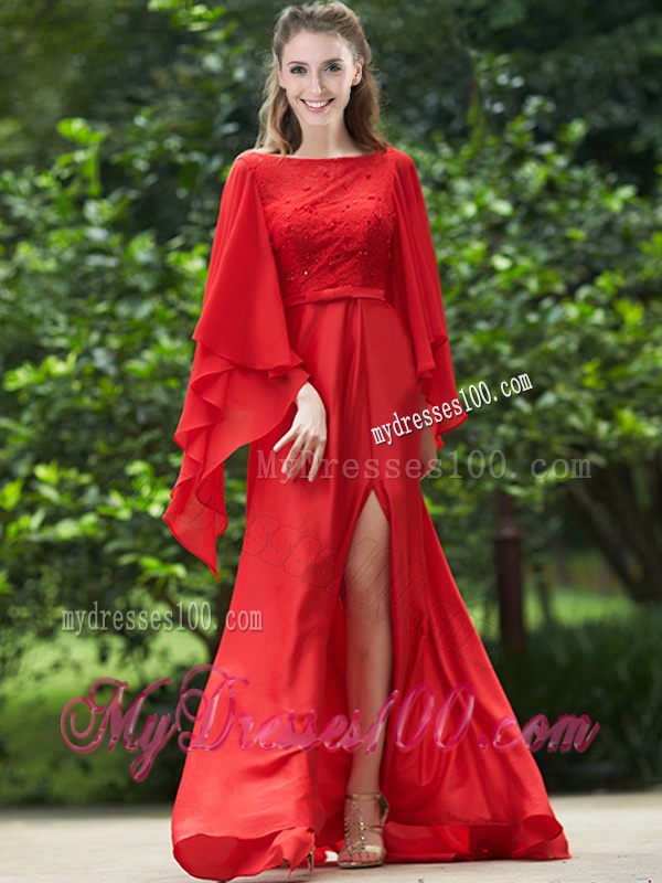 Pretty Bateau Long Sleeves Red Bridesmaid Dress with Beading and High Slit