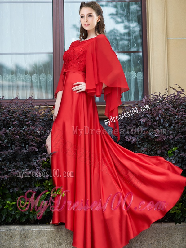 Pretty Bateau Long Sleeves Red Bridesmaid Dress with Beading and High Slit