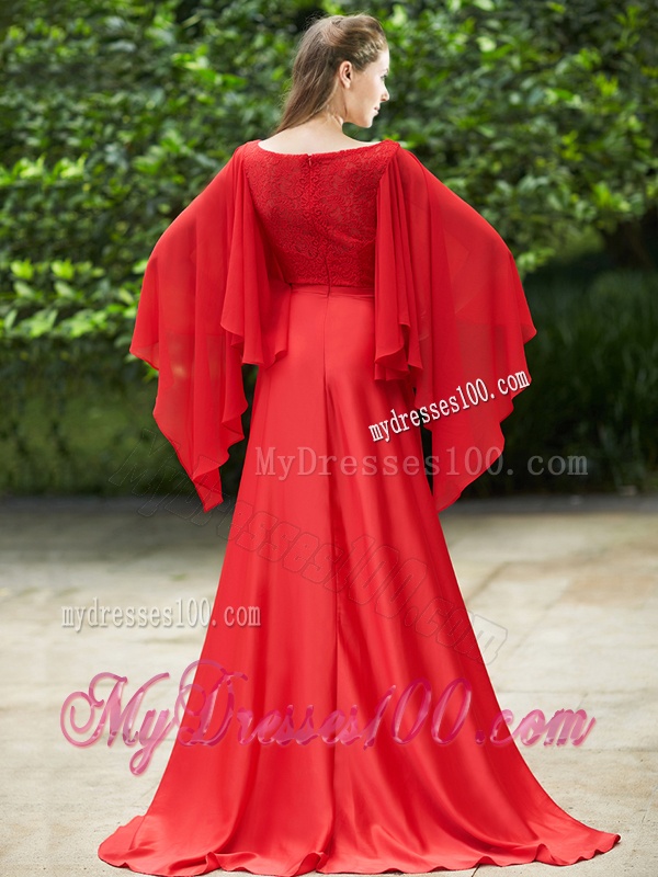 Pretty Bateau Long Sleeves Red Bridesmaid Dress with Beading and High Slit