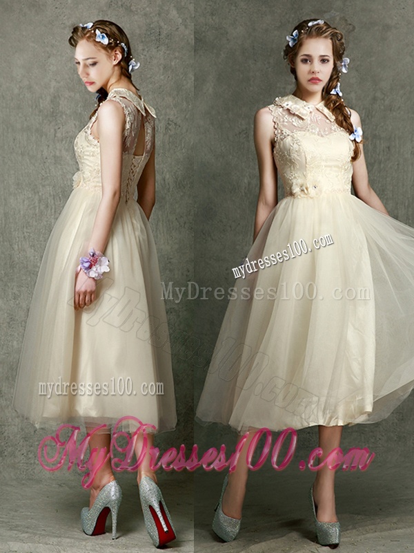 Pretty High Neck Champagne Bridesmaid Dress with Lace and Hand Made Flowers