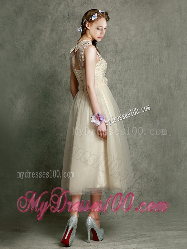 Pretty High Neck Champagne Bridesmaid Dress with Lace and Hand Made Flowers