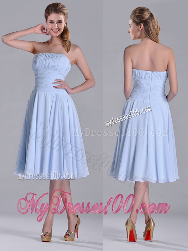 Pretty Strapless Chiffon Ruched Lavender Bridesmaid Dress in Tea Length