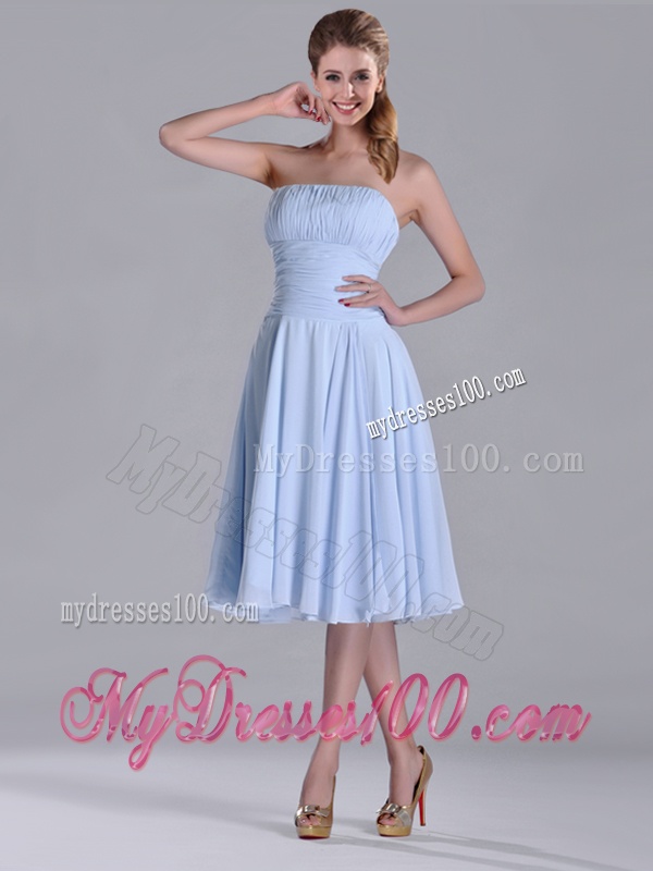 Pretty Strapless Chiffon Ruched Lavender Bridesmaid Dress in Tea Length