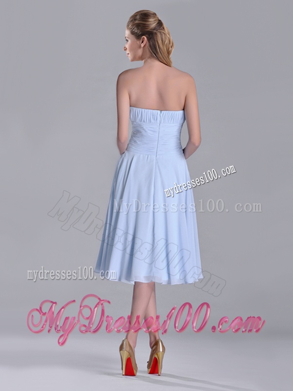 Pretty Strapless Chiffon Ruched Lavender Bridesmaid Dress in Tea Length