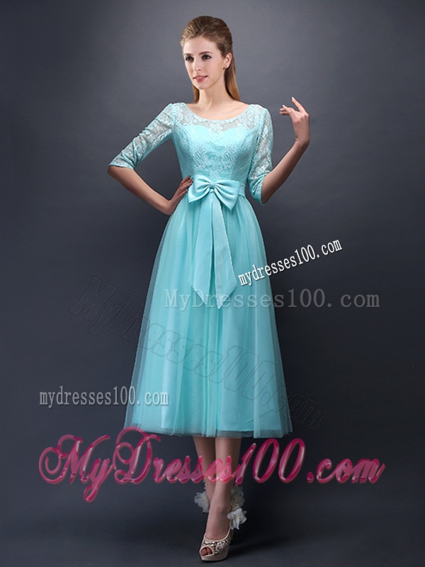Romantic Aqua Blue Scoop Half Sleeves Bridesmaid Dress with Bowknot