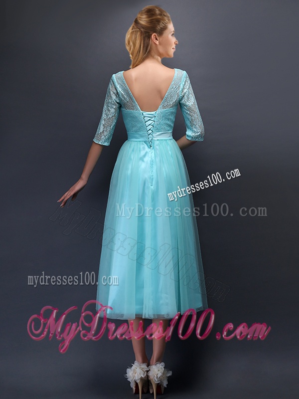 Romantic Aqua Blue Scoop Half Sleeves Bridesmaid Dress with Bowknot