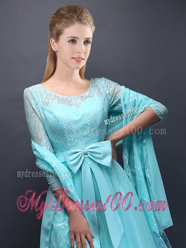 Romantic Aqua Blue Scoop Half Sleeves Bridesmaid Dress with Bowknot