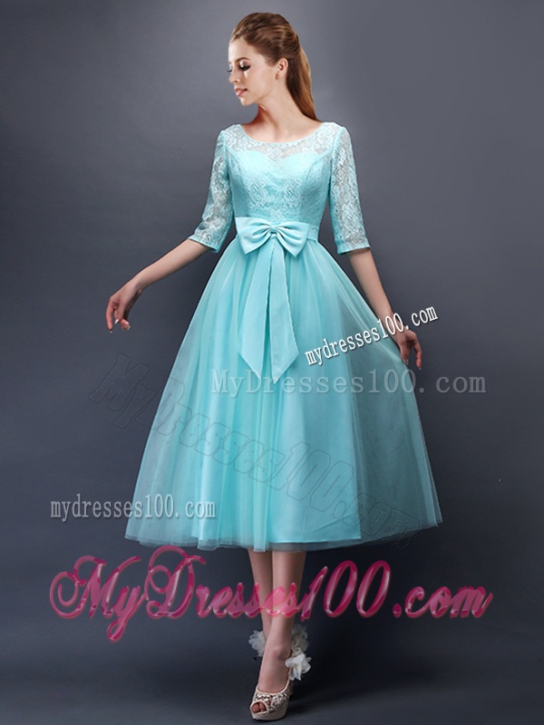 Romantic Aqua Blue Scoop Half Sleeves Bridesmaid Dress with Bowknot
