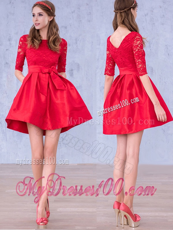 Romantic Bowknot and Laced Scoop Half Sleeves Bridesmaid Dress in Red