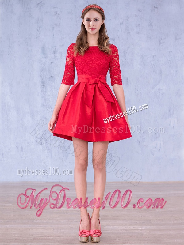 Romantic Bowknot and Laced Scoop Half Sleeves Bridesmaid Dress in Red