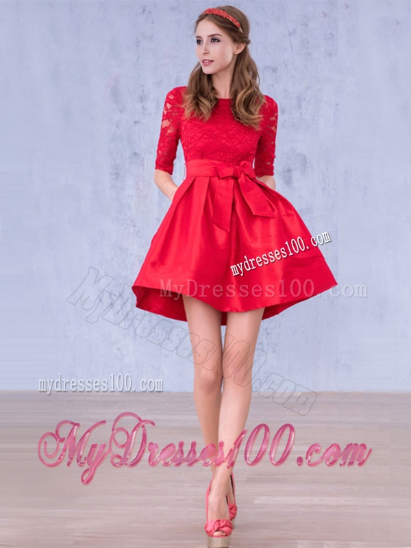 Romantic Bowknot and Laced Scoop Half Sleeves Bridesmaid Dress in Red