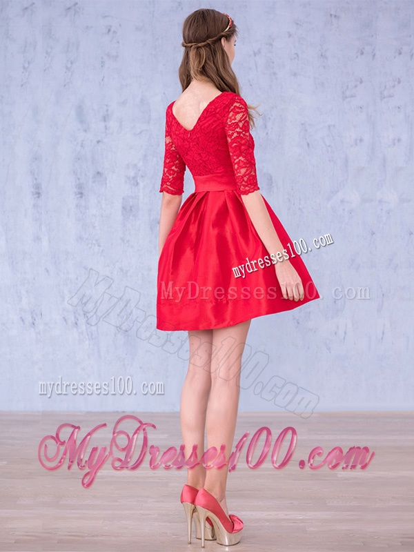 Romantic Bowknot and Laced Scoop Half Sleeves Bridesmaid Dress in Red