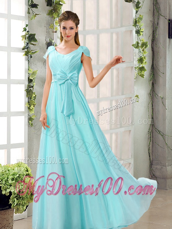 Scoop Ruching Cap Sleeves Chiffon Bridesmaid Dresses in Champagne