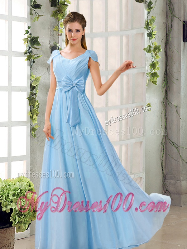 Scoop Ruching Cap Sleeves Chiffon Bridesmaid Dresses in Champagne