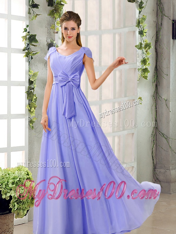 Scoop Ruching Cap Sleeves Chiffon Bridesmaid Dresses in Champagne