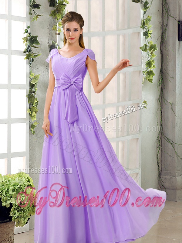 Scoop Ruching Cap Sleeves Chiffon Bridesmaid Dresses in Champagne