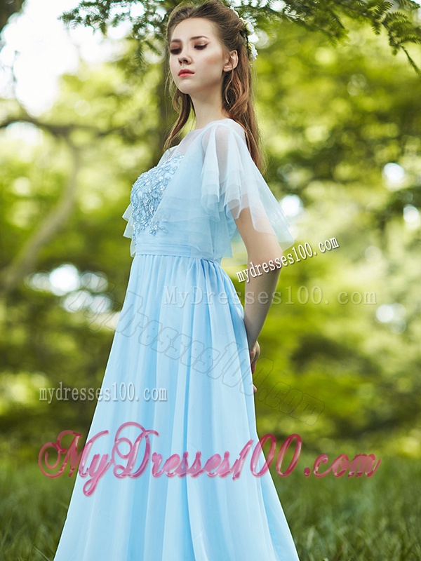 See Through Bateau Short Sleeves Bridesmaid Dress with Appliques