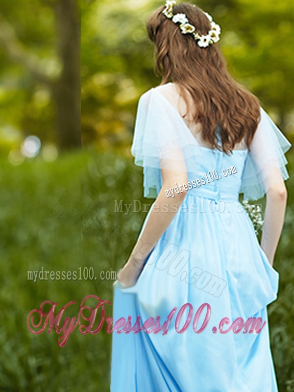 See Through Bateau Short Sleeves Bridesmaid Dress with Appliques