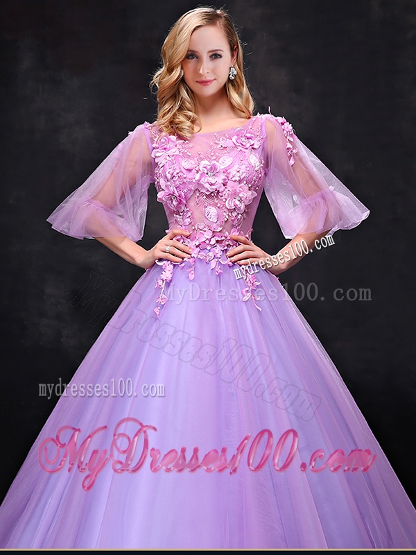 See Through Half Sleeves Bateau Bridesmaid Dress with Hand Made Flowers