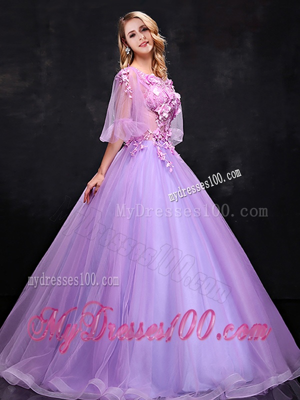 See Through Half Sleeves Bateau Bridesmaid Dress with Hand Made Flowers
